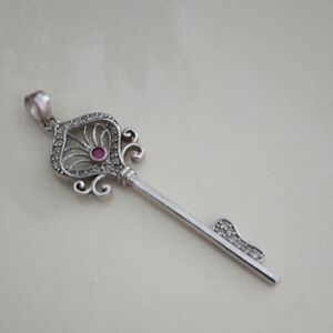 Silver Key Pendant with Pink Gem